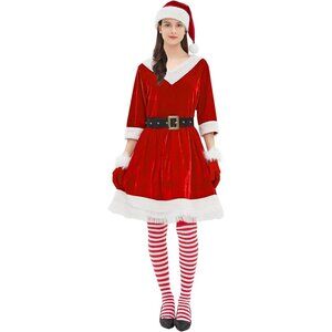 5PCS Mrs Claus Costume for Women Christmas Outfit Hat Gloves Belt Stockings